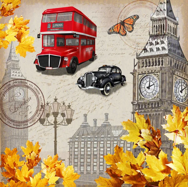 London Vintage Poster Mit Big Ben Retro Auto Und Bus Vektorgrafiken
