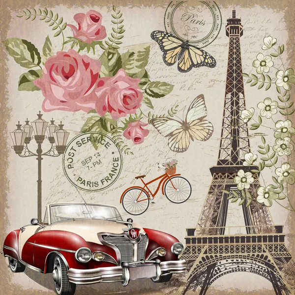 Pariser Oldtimer Postkarte Mit Retro Auto Und Eiffelturm lizenzfreie Stockvektoren