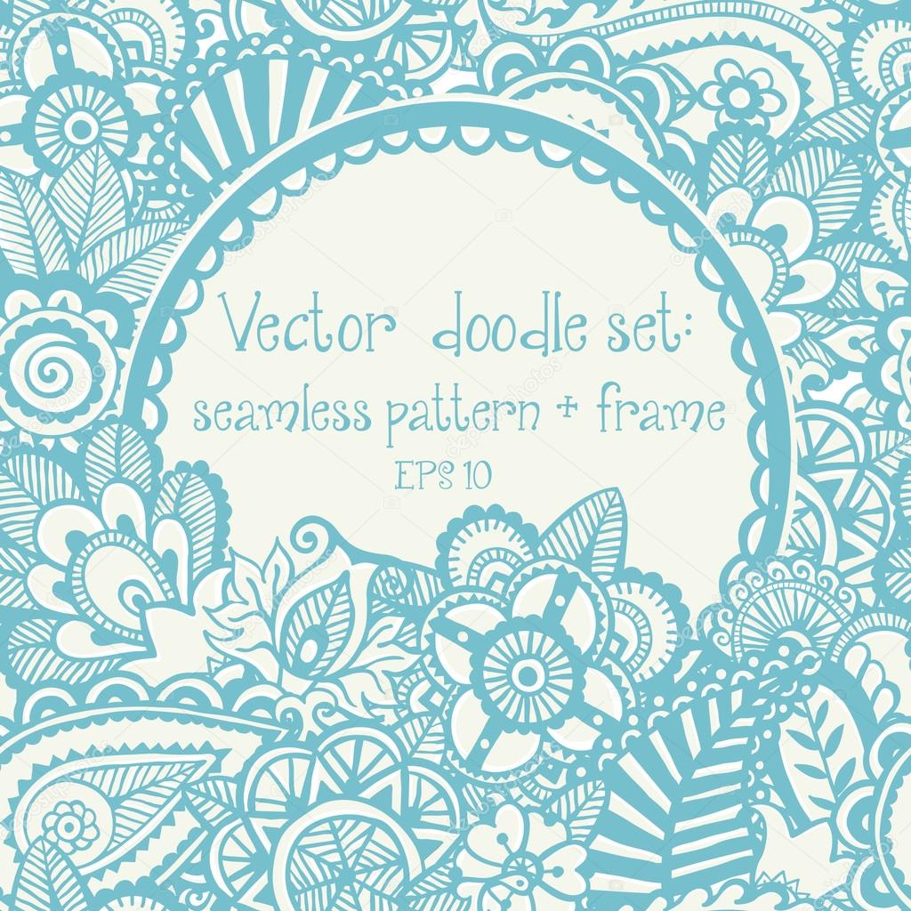 Vector set: seamless hand-drawn pattern and frame.