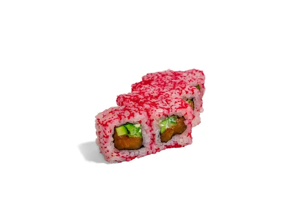 Rolo Uramaki Isolado Sobre Fundo Branco Rolo Sushi Japonês Com — Fotografia de Stock