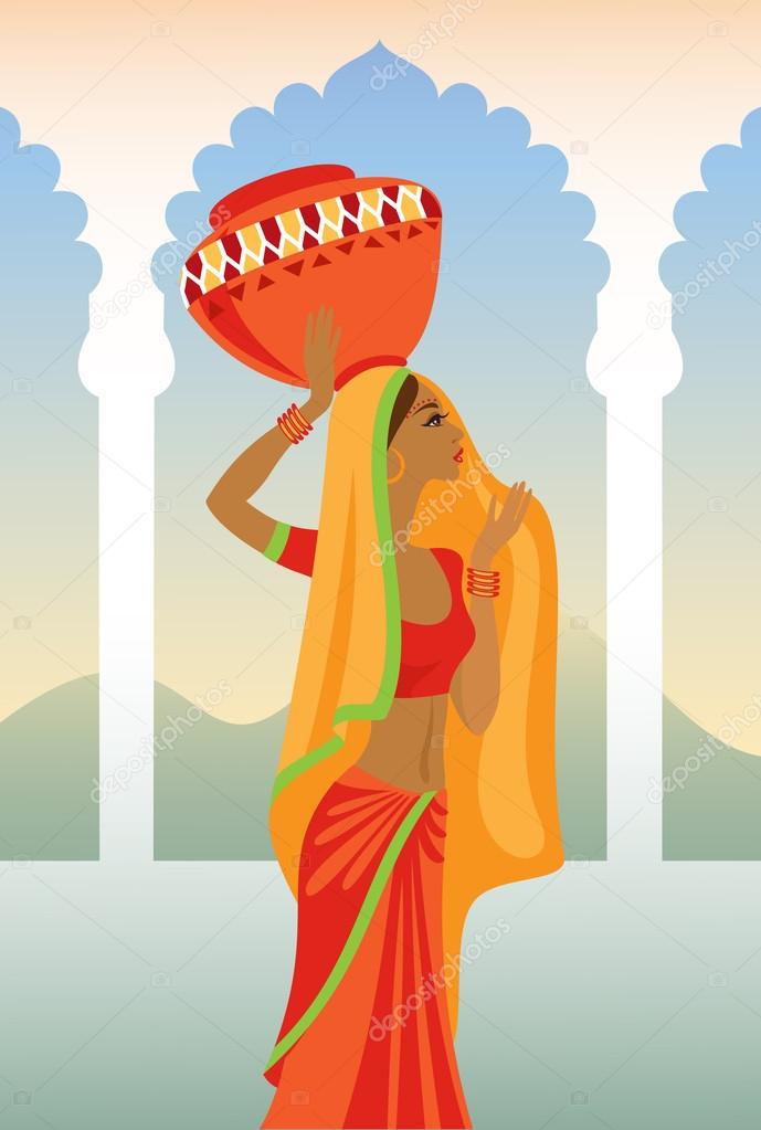 Vector  illustration of an Indian woman carries a jug on her hea