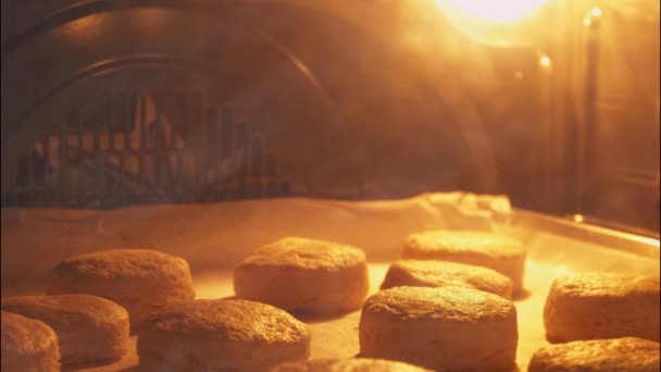4K在厨房高温烘焙烤箱中烘焙烤饼的时间 烤箱中烤饼烘烤工艺的自制 — 图库视频影像