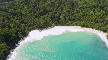 4K Hava Aracı güzel mavi deniz manzaralı. Hindistan cevizi palmiyeli plaj. Hava manzaralı İHA 'lar beyaz kumsal kumları. Mavi deniz berrak su. Özgürlük Kumsalı, Phuket, Tayland.