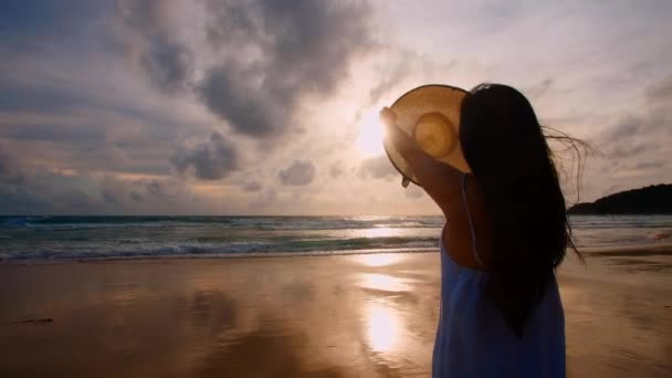 Rückansicht Schöne Frauen Stehen Strand Mit Sonnenuntergang Übersee Glückliche Touristinnen — Stockvideo