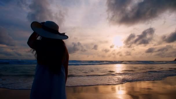 Back View Красиві Жінки Стоять Пляжі Заходом Сонця Кордоном Щасливі — стокове відео