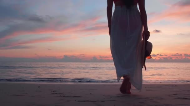 Pés Mulher Andando Descalços Praia Hora Pôr Sol Dourado Deixando — Vídeo de Stock