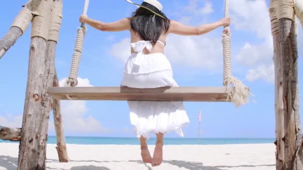 Visão Traseira Mulheres Jovens Desfrutando Liberdade Sentir Balançando Sentado Baloiços — Vídeo de Stock