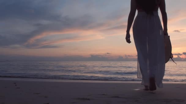 Lambat Gerak Kaki Wanita Berjalan Bertelanjang Kaki Pantai Pada Waktu — Stok Video