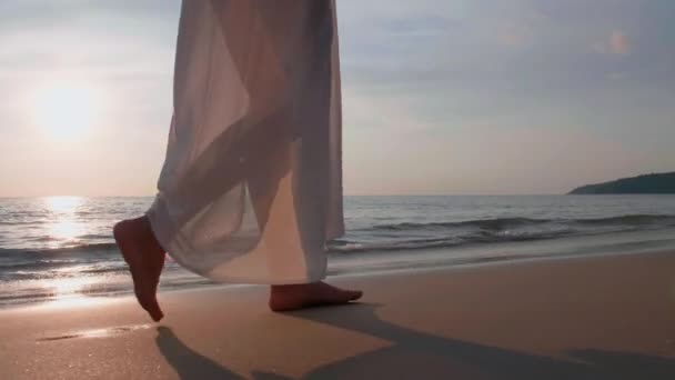 Slow Motion Kvinna Fötter Promenader Barfota Stranden Vid Gyllene Solnedgången — Stockvideo