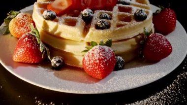 4K. Pasta şefinin eli taze pişmiş waffle 'ların üzerine yabanmersini ve ahududu koyar. Fırından taze ahududu ve böğürtlen ile süslenmiş..