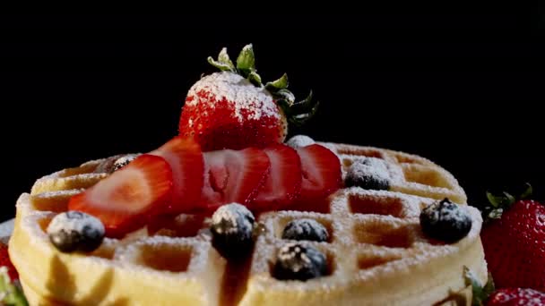Close Hand Pastry Chef Places Blueberries Raspberries Freshly Baked Waffles — Stock Video