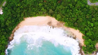 4K Hava Aracı güzel mavi deniz manzaralı. Hindistan cevizi palmiyeli plaj. Hava manzaralı İHA 'lar beyaz kumsal kumları. Mavi deniz berrak su. Özgürlük Kumsalı, Phuket, Tayland.