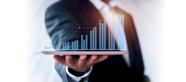 Hand Businessman Holding Tablet Analysis Stock Market Graph Growth Increase Telifsiz Stok Imajlar