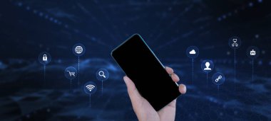 Hand man using phone and touching on virtual screen contact icons. Contact us, Customer support hotline people connect. Man hands touch smartphone virtual screen connect to social network