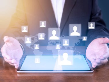 Business network communication concept. Network Internet Mobile Wireless. Internet connects all activities in your hands shopping, finance, travel, location, contact, etc with copy space banner