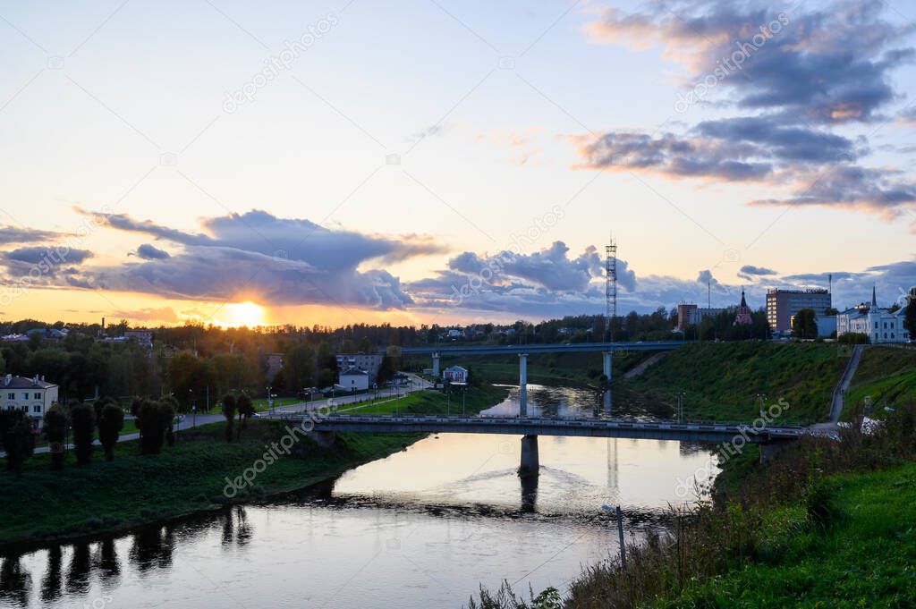 View of the Volga river, Old and New bridges, Krasnoarmeiskaya and Pushkinskaya embankments, Rzhev, Tver region, Russian Federation, September 19, 2020