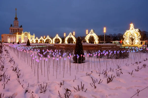 VDNKh, Moskova, Rusya Federasyonu Merkez Bulvarı 'ndaki Aydınlık Çiçek Bahçesi ve Yılbaşı ve Noel Işığı heykelleri, Aralık 04, 2021