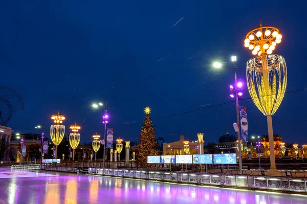 Vdnkh モスクワ ロシア連邦 2021年12月4日の人民友好広場でのVdnkh スケートリンクと新年とクリスマスの装飾 ロイヤリティフリーのストック写真
