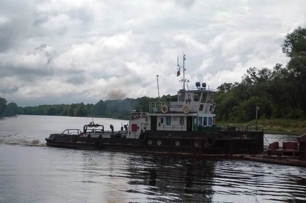 Pusher Tug 0702 Barge 0538 Divergence Pripyat Pina Rivers Pinsk — Stock Photo, Image