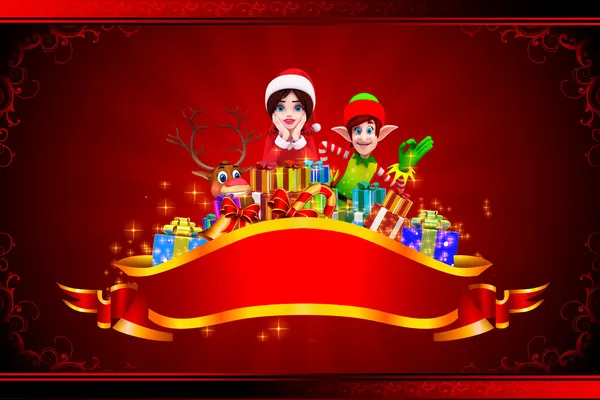 Santa flicka på röd färgbakgrund med många gåvor och tecken — Stockfoto
