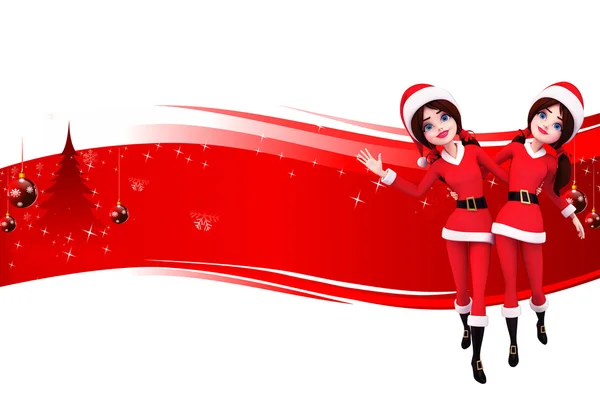 Weihnachtsmann Mädchen auf rotem Hintergrund mit vielen Geschenken und Zeichen — Stockfoto