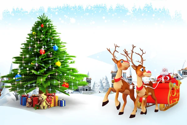 Санта-Клаус с оленями и подарками на леднике — стоковое фото