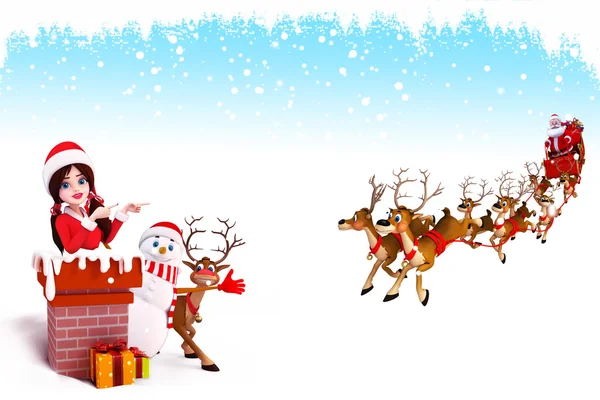 Santa ragazza su iceland con renne e regali — Foto Stock