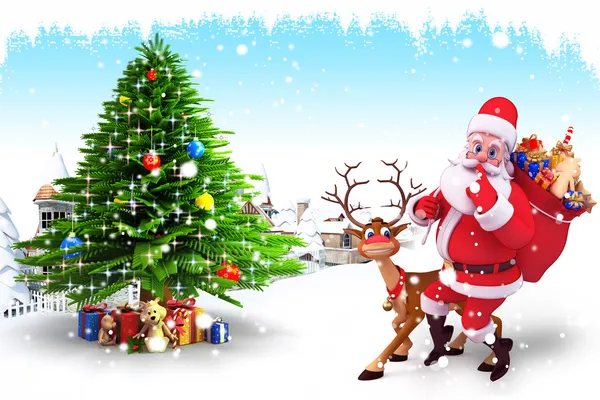 Santa claus with reindeer and gifts on iceland — Stock Photo, Image
