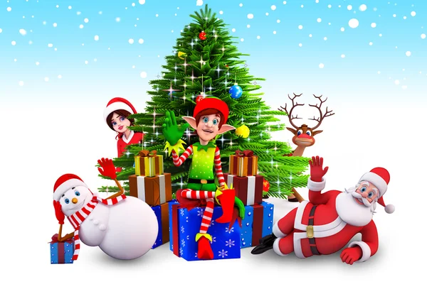 산타 클로스와 눈사람 선물 상자에 엘 프 — 스톡 사진