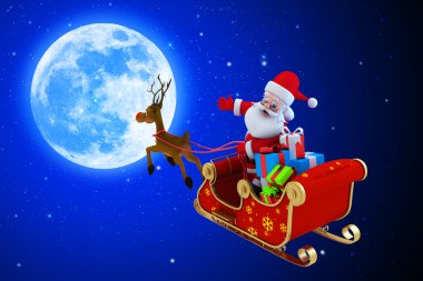 Noel Baba ve onun kızak moon ile mavi arka plan üzerinde