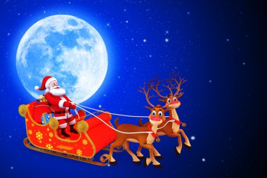 Noel Baba ve onun kızak moon ile mavi arka plan üzerinde