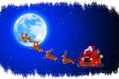 Santa onun kızak üzerinde koyu mavi arka plan ile