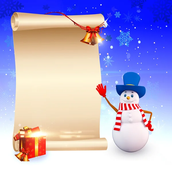 Desfrutando de boneco de neve com uma caixa de presente e sinal — Fotografia de Stock