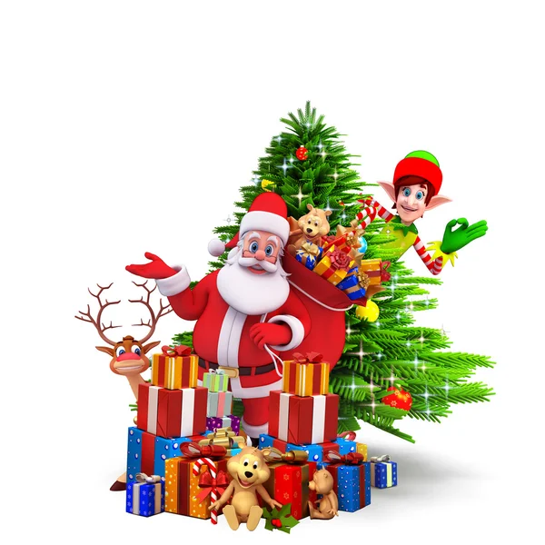 Weihnachtsmann mit vielen Geschenken und Rentieren — Stockfoto