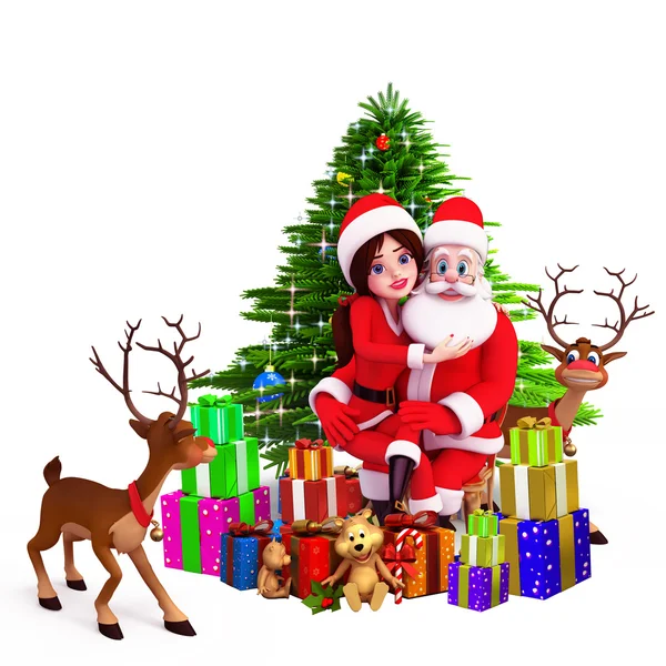 Santa with lots of gifts and reindeer — Stock Photo, Image