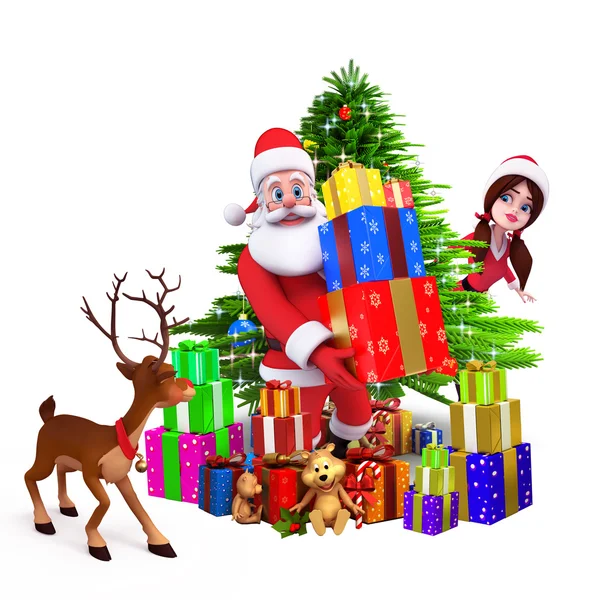 Weihnachtsmann mit vielen Geschenken und Rentieren — Stockfoto