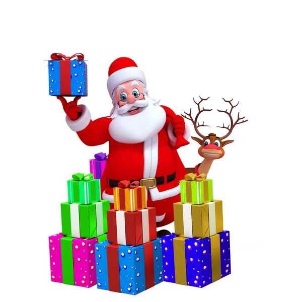 Santa with lots of gifts and reindeer — Stock Photo, Image