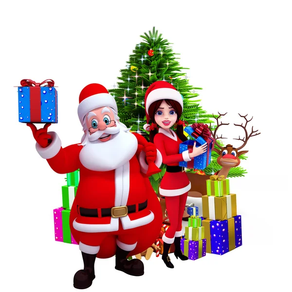 Santa with lots of gifts and reindeer — Stock Photo, Image