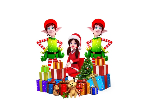 Happy elves with gift box — Stock Photo, Image