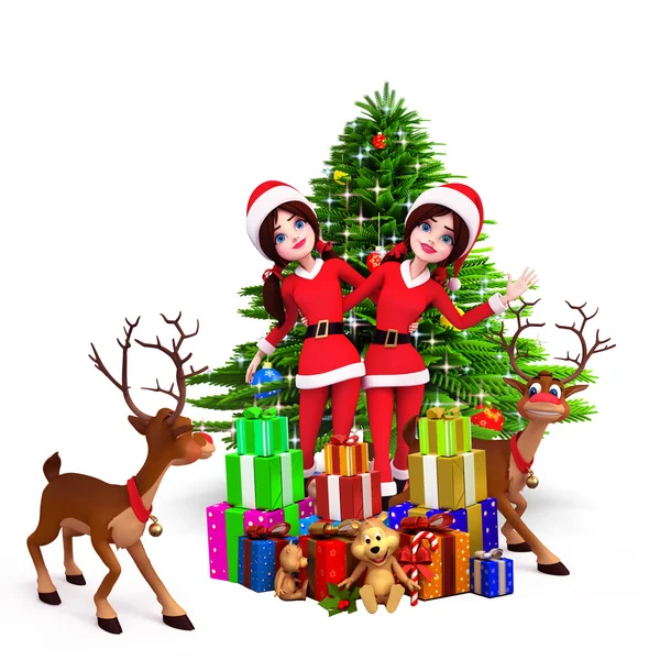 Weihnachtsmädchen mit vielen Geschenken und Rentieren — Stockfoto