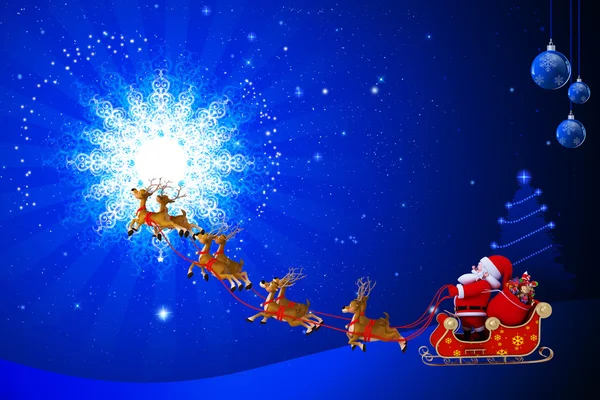 Papai Noel com seu trenó no fundo azul escuro — Fotografia de Stock