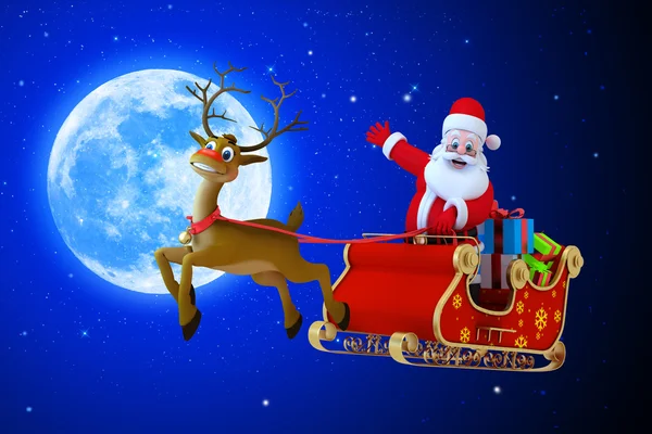 Père Noël et son traîneau avec lune sur fond bleu — Photo