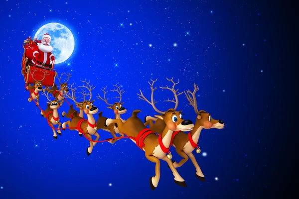 Papai Noel e seu trenó com lua no fundo azul — Fotografia de Stock