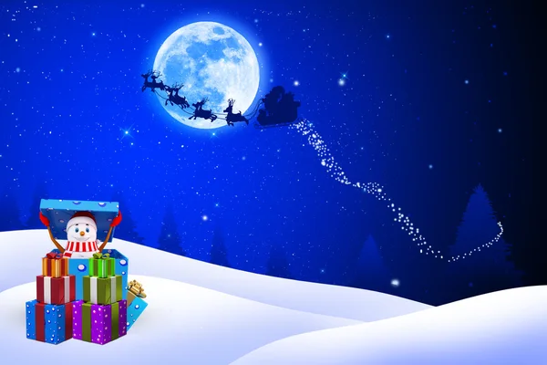Muñeco de nieve sobre fondo azul navidad con luna —  Fotos de Stock