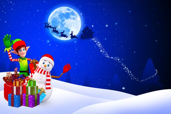 Snowman on blue christmas background with moon — Zdjęcie stockowe