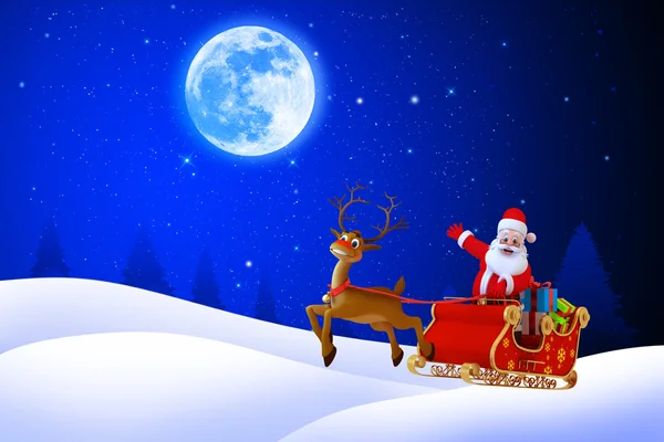 Papai Noel com seu trenó no fundo azul escuro — Fotografia de Stock