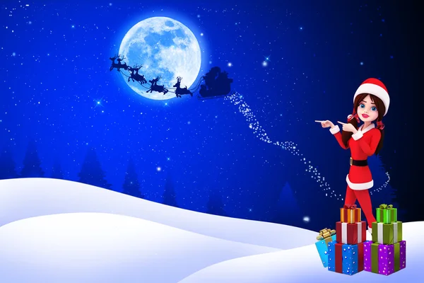 Santa dziewczyna na niebieskim tle Boże Narodzenie — Zdjęcie stockowe