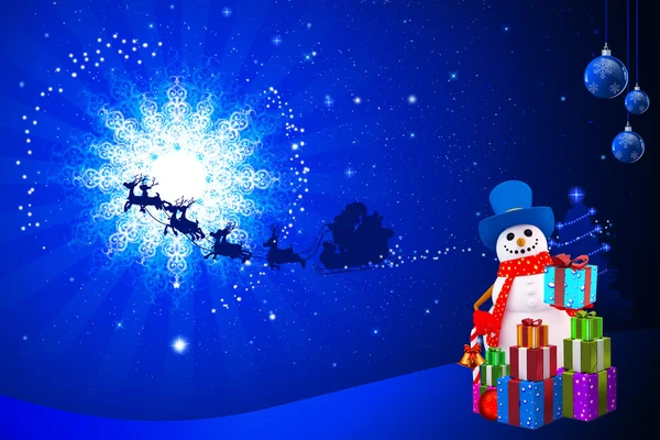 Snowman on blue christmas background with moon — Stock Photo, Image