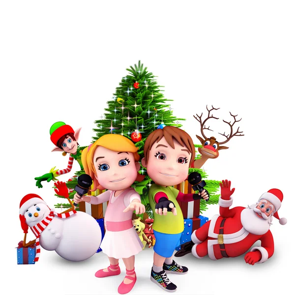 Kinder mit Weihnachtsmann und weißem großen Schild — Stockfoto