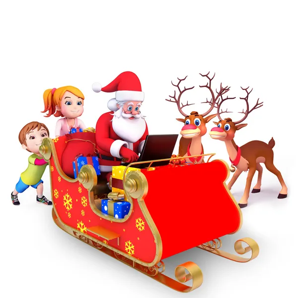 Barn med jultomten och vit stor skylt — Stockfoto